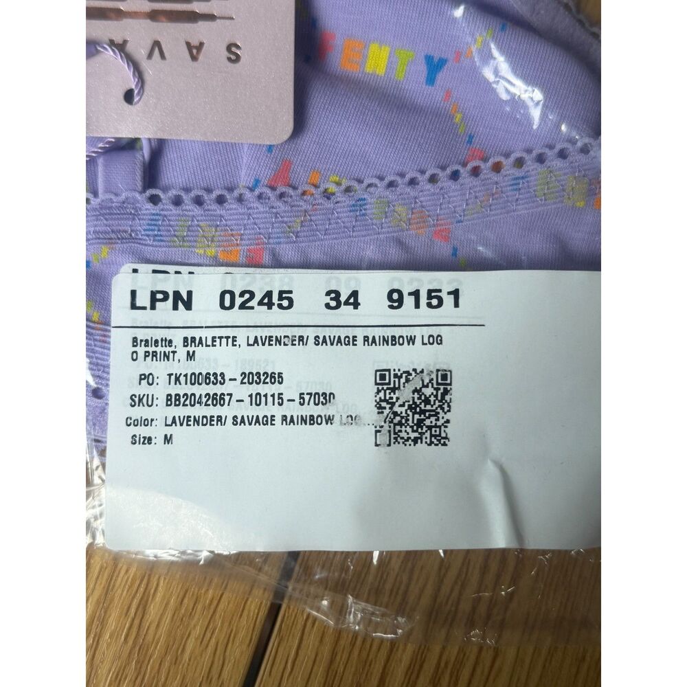 NWT Savage Fenty Rainbow Logo Print Bralette Lavender Soft Lace Spaghetti Medium - Picture 4 of 6